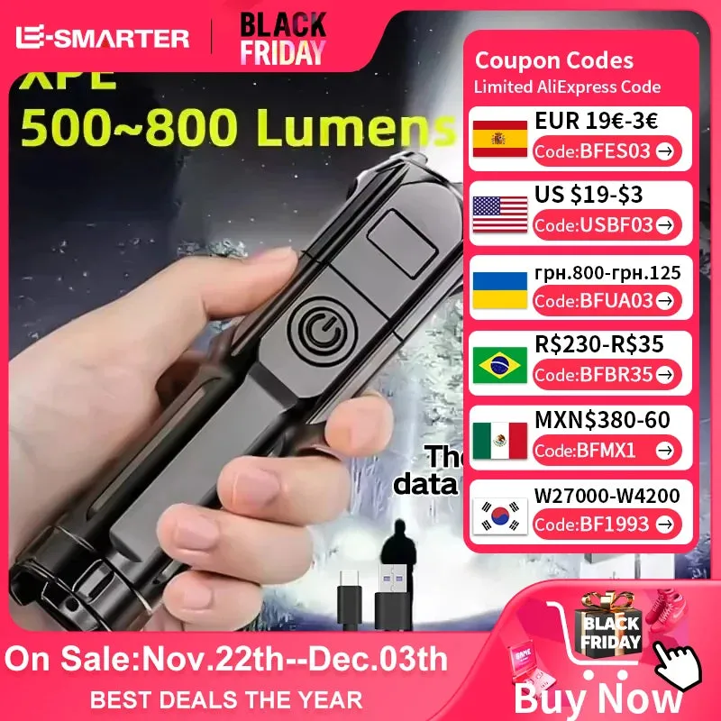 4 Lighting Mode Strong LED Flashlights Telescopic Zoom Tactical Torch USB Portable Spotlight Long-Range Camping Flashlight