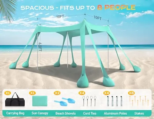 Beach Tent, Beach Canopy UPF50  UV Protection, 10x10ft Beach Shade Sun Shelter with 8 Sandbags, Sand Shovels, Ground Pegs, Stability Poles for Camping, Fishing, Picnics, Backyard Fun, Light Green