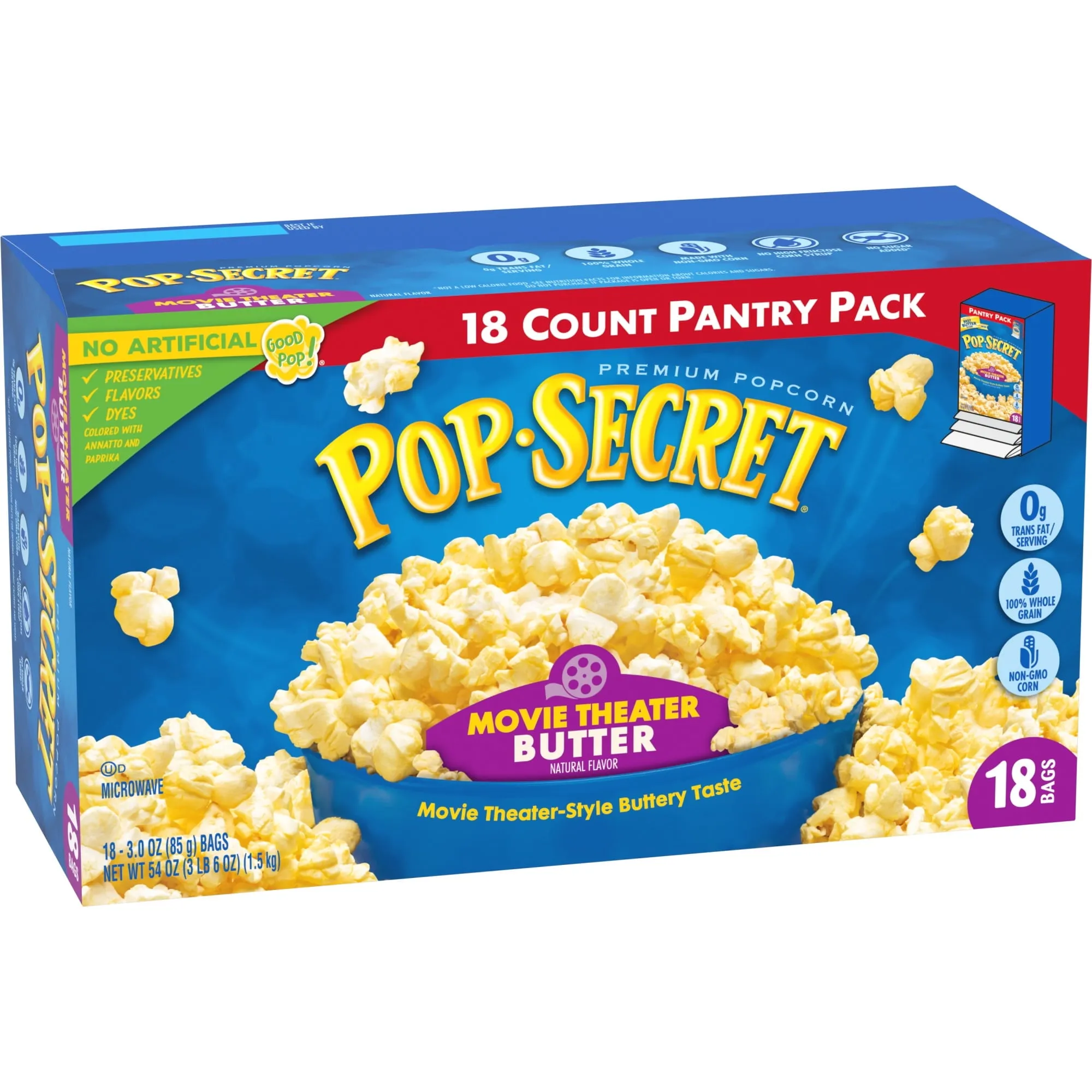 Pop Secret Microwave Popcorn, Movie Theater Butter Flavor, 3 oz Sharing Bags, 18 Ct