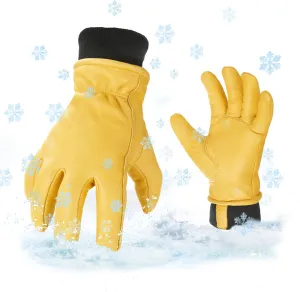 VGO 2 Pairs 32℉ or above Premium Winter Goat Leather Anti-abrasion Work Gloves ( Gold&Black, GA2152F-M)